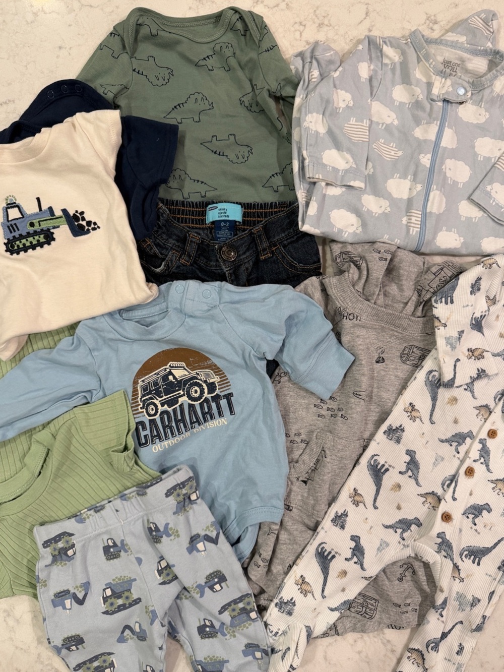 3 month Baby Boy outfits: Blue, Green Gray.  11 items